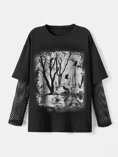ROMWE Plus Size Summer Gothic Forest Printed Lös T-shirt med kontrastnät, skola