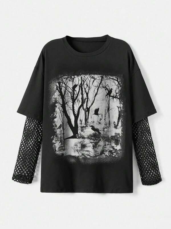 ROMWE Plus Size Women Gothic Forest Print Mesh Patchwork Loose T-Shirt, Spring/Summer