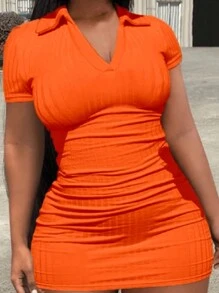 SHEIN Vestido naranja mini ajustado de Body con escote en V acanalado para mujer