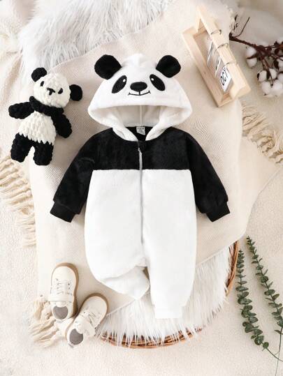 SHEIN Baby Boy's Hooded Cute Panda Zipper Long Sleeve Fashionable And Funny Shaped Outfit