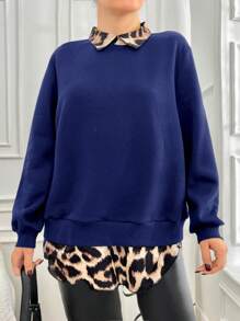 SHEIN Cottnline Leopard Print Plus Size Spliced 2 in 1 Sweatshirt - Blue - View 3