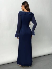 Firerie Floral Ruffle Hem Long Sleeve Casual Daily Wear Dress - Navy Blue - View 3