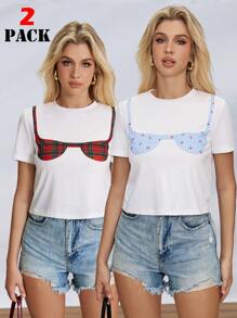 SHEIN Essnce Spring/Summer New Printed Bra Top Women's T-Shirt 2pcs Set, Best Friends - White - View 9