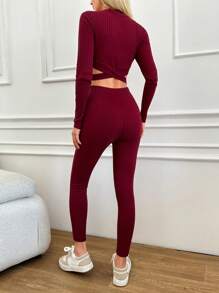 EURMUSE Cross-wrap Ribbed Knit T-shirt And Leggings Two-piece Set - Burgundy - View 2
