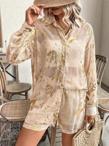 SHEIN LUNE 女式印花簡約日常長袖短褲套裝 - 杏色 - 查看 5