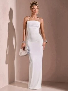 SHEIN BAE Mùa hè lãng mạn hẹn hò kỳ nghỉ đi biển màu trắng gợi cảm hở lưng dây buộc cổ cao nữ có chi tiết xếp li và cà vạt - trắng - Xem 8