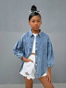 SHEIN Tween Girl Y2K Casual Stonewashed Drop Shoulder Baggy Soft Denim Shirt,Tween Girl Back To School Clothes Outfits