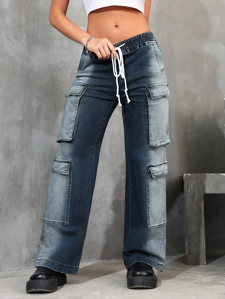 Flap Pocket Drawstring Waist Cargo Jeans For Dailywear - Dark Wash - View 1
