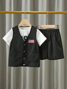 Kids Summer Outfits - 3pcs Young Boy Comfortable & Casual Style American Independence Day Flag Printed T-Shirt, Flag Patch Vest And Shorts Set