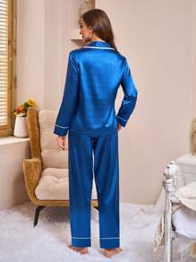 Bộ đồ ngủ satin dài tay đơn giản hàng ngày dành cho nữ, quần dài, trang phục mùa thu - Màu xanh lam - Xem 2