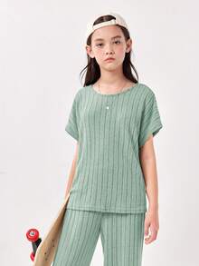 SHEIN Tween Girls' Knitted Loose Short Sleeve T-Shirt And Wide Leg Trousers Casual Set - Mint Green - View 7
