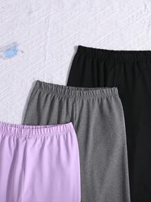 SHEIN Leap Crew 3入組簡單針織純色印花圖案運動休閒緊身褲，適用於少女 - 淡紫色 - 查看 5