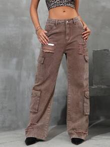 Quần jean denim rách có cúc có nhiều túi, để mặc thường ngày - Cà phê nâu - Xem 5