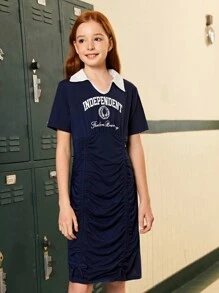 SHEIN 少女夏季休閒拼色立領字母印花聚攏洋裝 - 藍色 - 查看 3