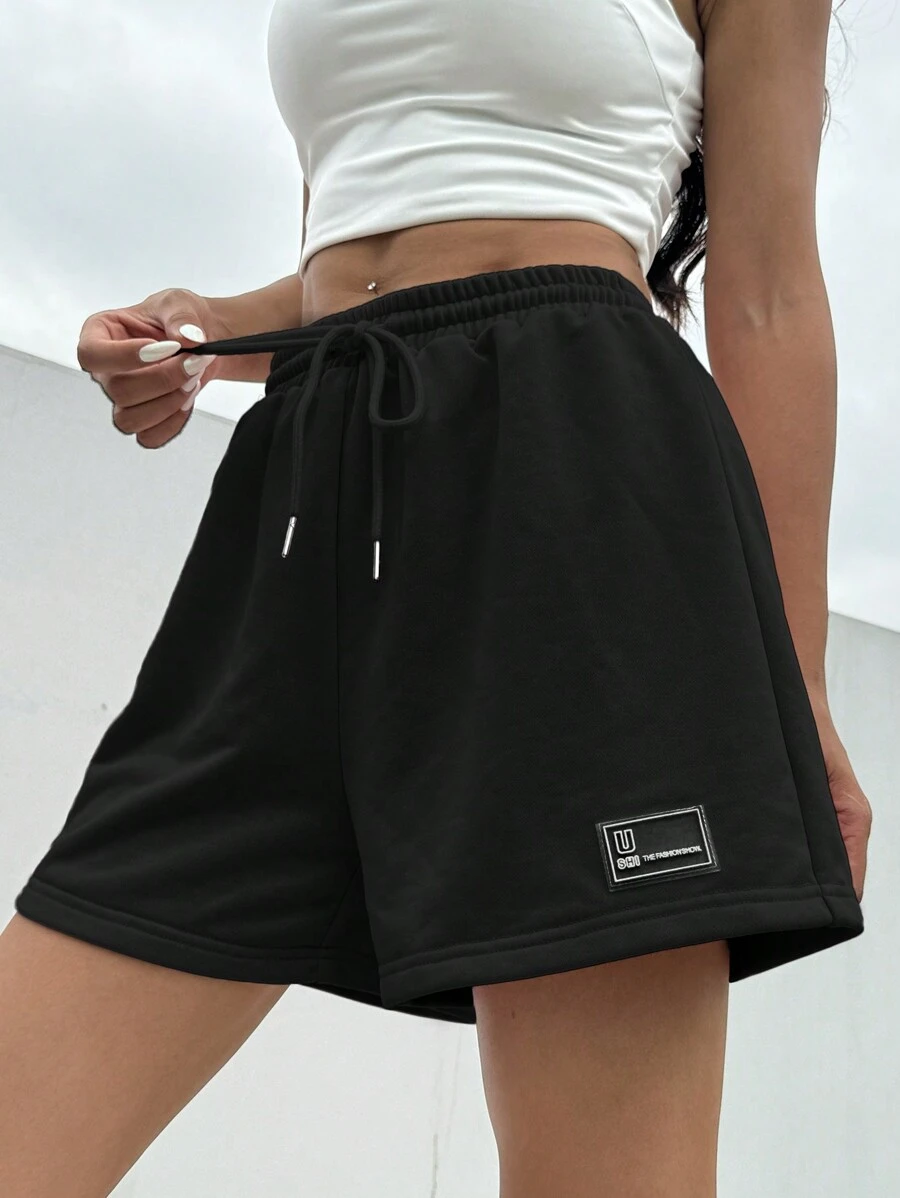 SHEIN EZwear Shorts de sport décontractés en vrac d'été roses avec cordon de serrage à la taille et détails de patch