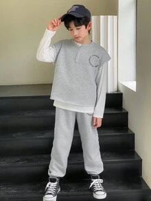 SHEIN Bộ 3 món áo vest, áo phông và quần rộng rãi cho bé trai Tween cho mùa xuân thu - Xám - Xem 5