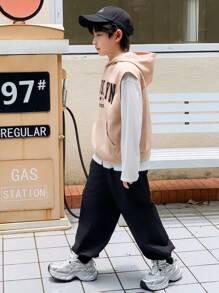 Boy's Fall/Winter Sleeveless Vest And Long Sleeve T-Shirt Graphic Combo Sweatsuit Set - Khaki - View 6