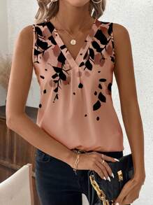 SHEIN Clasi 夏季 V 领无袖全身印花修身女式衬衫、无袖上衣 - 藕粉色 - 查看 4