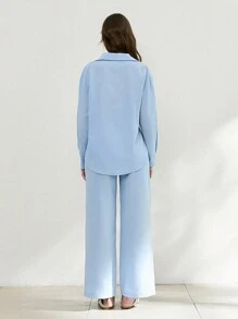 SHEIN Cottnline Blue Two Pieces Blue Shirt And Palazzo Pant - Blue - View 2