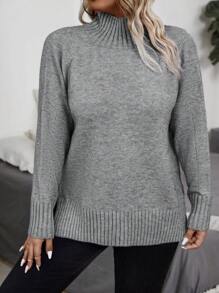 SHEIN LUNE Plus Mock Neck Raglan Sleeve Sweater, For Winter Knit Pullover Fall - Grey - View 6