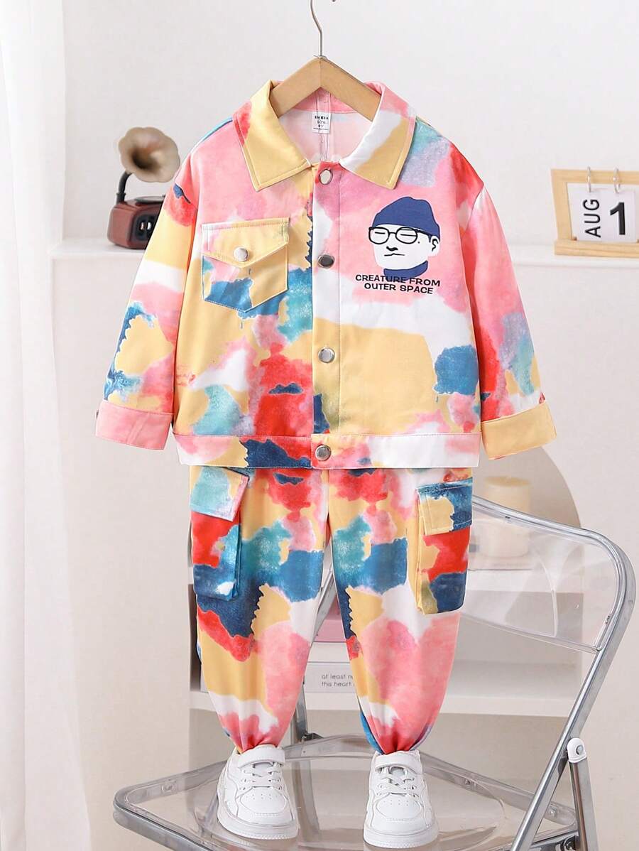 SHEIN 2入組年輕男孩彩色印花長袖衣褲套裝 - 彩色 - 查看 1