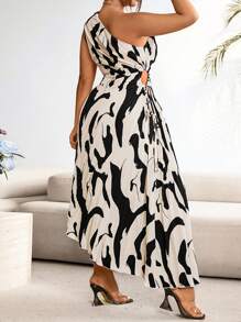 Celure Vestido de verano estampado informal con pliegues y hombros oblicuos para mujer de talla grande