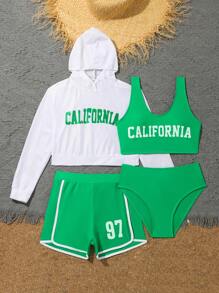 SHEIN Conjunto de bikini para niña preadolescente - Top de tank abierto por la espalda y camisa de manga larga con capucha con estampado de letras, con ropa de baño lisa y shorts con estampado numérico, para playa de verano