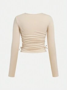 SHEIN Girlism Teen Girl Knitted Solid Color Round Neck Ruched Casual Long Sleeve T-Shirt, 2pcs/Set - Multicolor - View 6