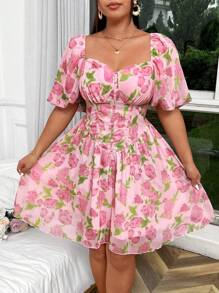Flirla Vestido romántico de talla grande con estampado floral completo, escote de diamantes, mangas abullonadas, copas de busto y cintura en V, verano
