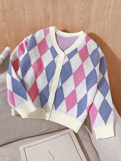 كارديغان بطبعة الماس غير مشدود مريح لفتيات الخامسة عشر، خريف/شتاء