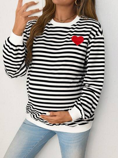 SHEIN Bluza ciążowa o luźnym kroju w paski z haftem w kształcie serca, okrągłym dekoltem, obniżonymi ramionami i długimi rękawami, jesień/zima