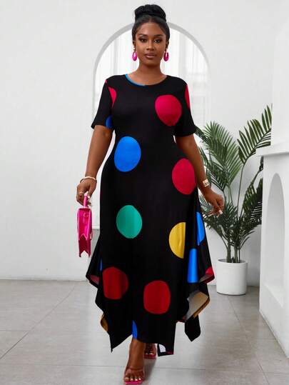 Maweii 加大圆点印花短袖连衣裙，适合夏季长款女装