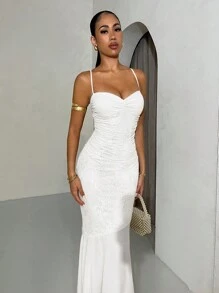 SHEIN BAE 夏季女士純色修身魚尾蕾絲肩帶連衣裙，適合畢業典禮或婚禮伴娘 - 白色 - 查看 5