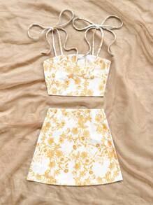 Soleia 藍白花卉針織紋身裙浪漫休閒渡假女性2片式套裝 - 黃色 - 查看 3