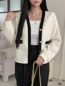 DAZY Women's Casual Business Color Block Trim Regular Jacket Women Coats - Black and White - View 2