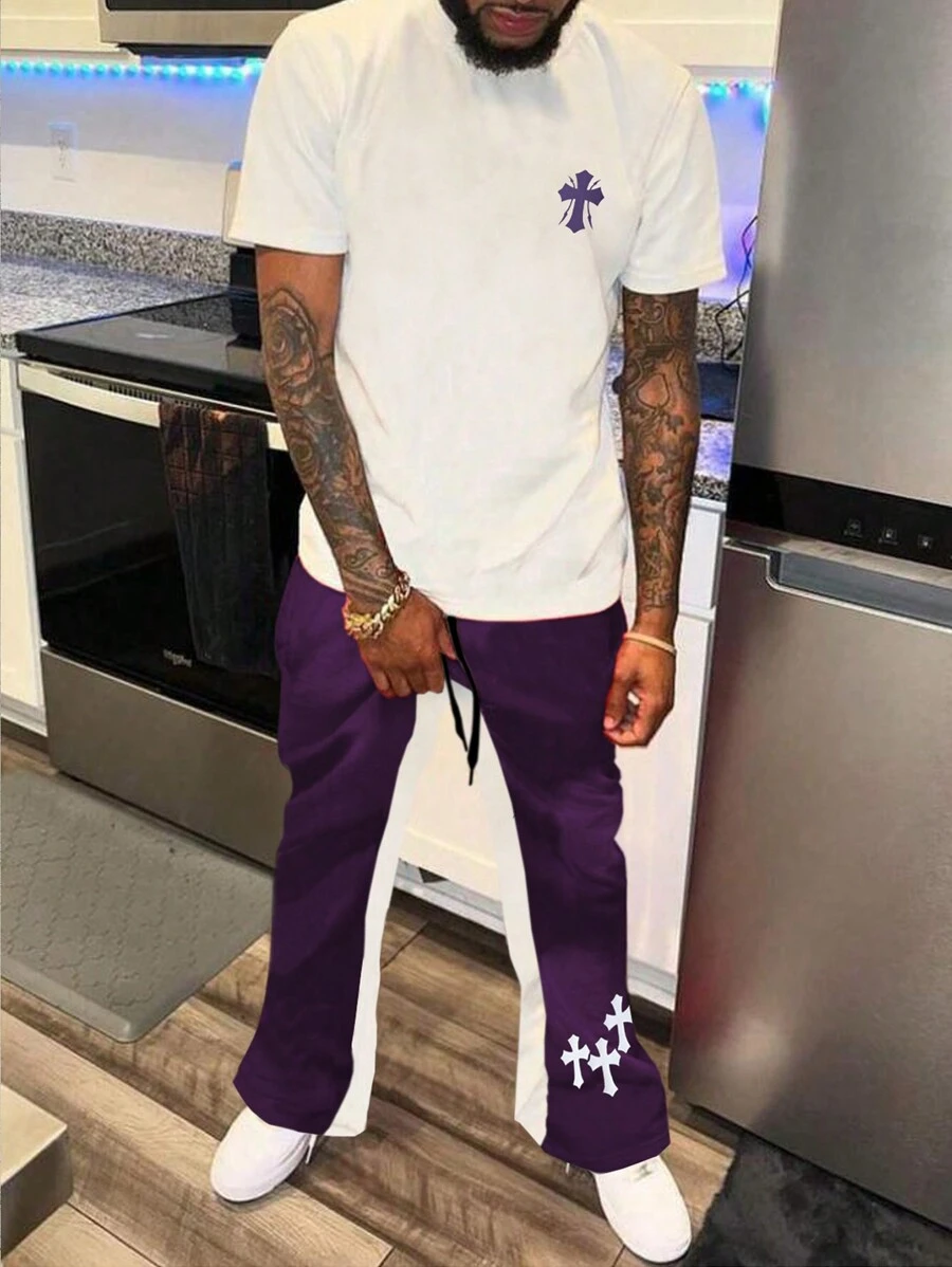 Manfinity Homme 男士夏季十字印花圆领短袖 T 恤和抽绳腰长裤休闲装，男友礼物 - 白色 - 查看 1