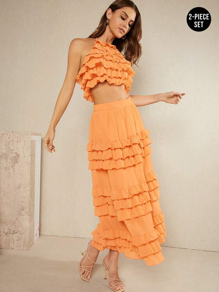 Ruffle Halter Top & Tiered Skirt Two Pieces Set