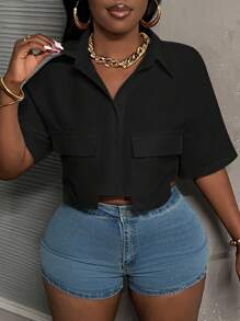 Slaydiva Casual White Polo Collar Short Crop Top With Pocket, Women's Shirt With Work Pockets - A - Black - View 7