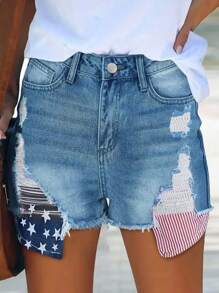 Women's American Flag Printed Distressed Denim Shorts With Frayed Hem And Pockets - Blue - View 1