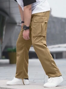 Manfinity Hypemode Quần dài nhiều túi màu trơn cho nam - Màu Khaki - Xem 3