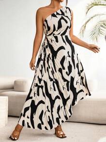 Celure Vestido de verano estampado informal con pliegues y hombros oblicuos para mujer de talla grande