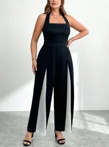 SHEIN Privé Plus Size Women's Halter Neck Long Jumpsuit Color Block Jumpsuit, Fall Back To School - Black - View 6