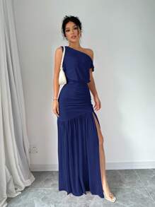 Elenzga Maxikleid für Frauen mit hohem Schlitz, schräger Schulter und Mesh-Einsatz