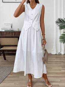 Calvaya Solid Color Front Button Vest Suit Jacket And Skirt Set
