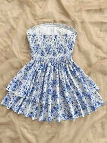Soleia Vestido de verano estilo vacaciones con volantes de doble capa, lazo extra grande a la cintura, con estampado floral diminuto azul y blanco, adecuado para boda, playa, festival de música, estilo boho chic - Azul y blanco - Ver 2