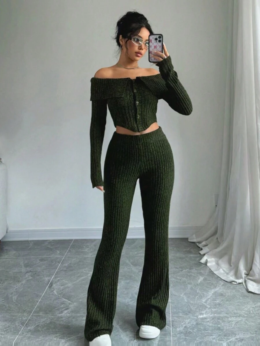 SHEIN Unity Conjunto de dos piezas para mujer con blusa y pantalones largos de punto con cuello descubierto y unicolor para uso diario. - Caqui - Ver 1