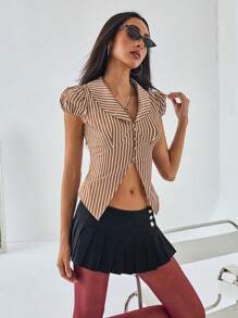 Aveloria Camicia a righe bianche a maniche corte da donna con design a coppe, scollo a V e maniche a palloncino, aderente in vita e orlo plissettato
