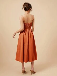 前紐扣後背打褶吊帶連衣裙