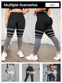 Easithlete Leggings de yoga de talla grande para mujer con cintura alta y rayas para uso diario - Negro - Ver 3