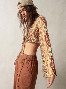 Bohemela Women's Full Print Vacation Style Tie Front Ruffle Hem Long Sleeve Cropped Shirt